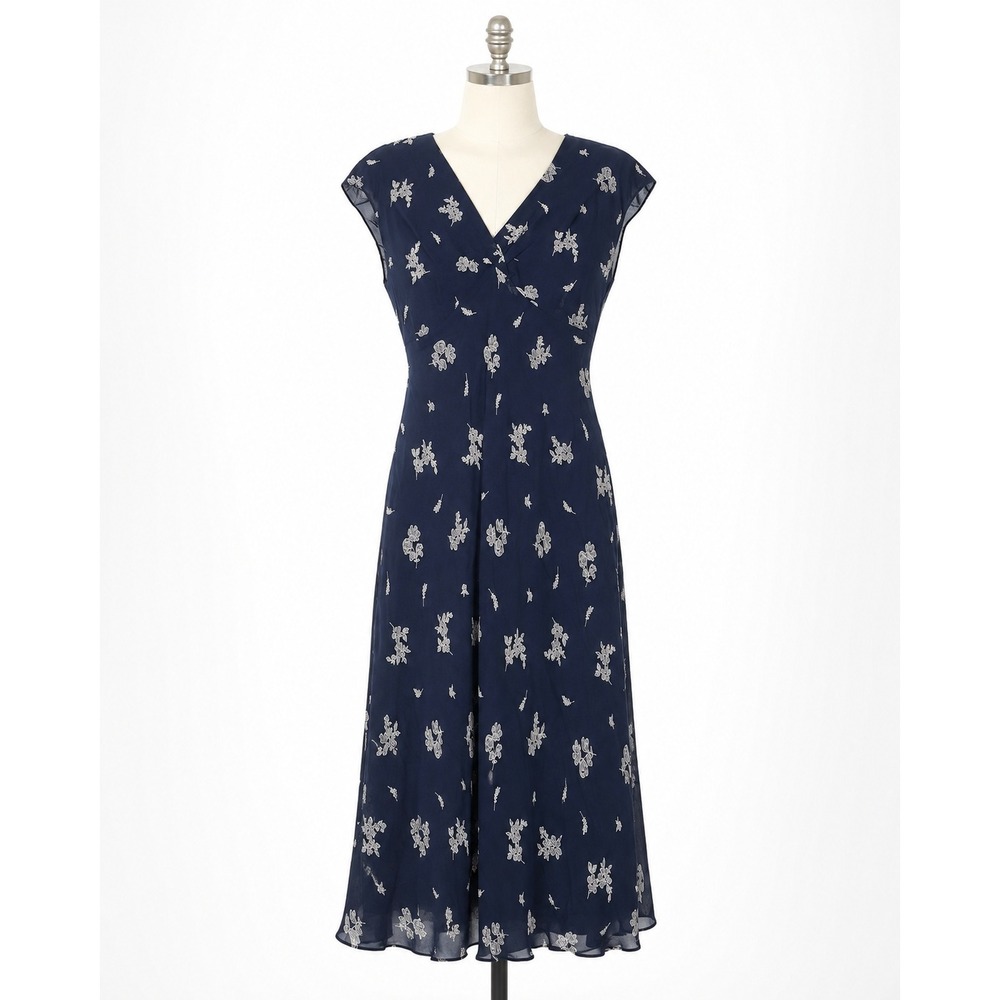 Jones‎ New York Dress Petite 12P Navy Blue Floral Viscose Rayon Midi Cap Sleeve